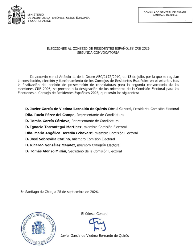 Designación Comisión Electoral (2ª Convocatoria) Elecciones CRE Chile 2026.png