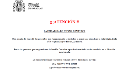 EMBAJADA DE ESPAÑA EN PARAGUAY COMUNICA CAMBIO DE SEDE
