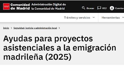 Ayudas para proyectos asistenciales a la emigración madrileña (2025)