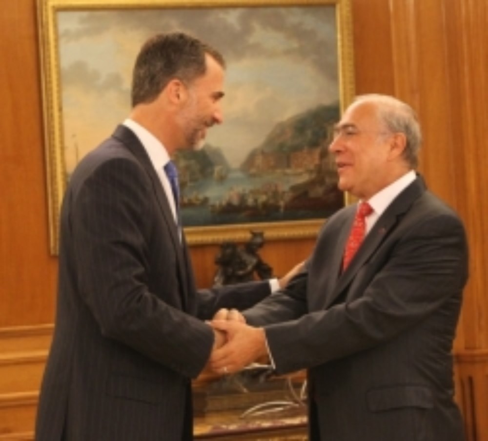 08.09.2014: S.M. el Rey Felipe VI recibe el saludo del Secreatrio General de la OCDE D. Ángel Gurría Treviñó durante la Audiencia